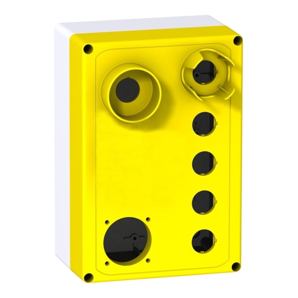 SCHNEIDER ELECTRIC - Leergehäuse, XALF, Kstst, hgr, gelb, 6 Bohrungen, 22mm, 1 Bohrung, 45mm f.Steckdose