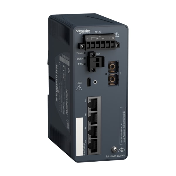 SCHNEIDER ELECTRIC - Modicon Managed Switch, 4 Ports für Kupfer (4TX 10/100 Mbit/s) + 1 für Glasfaser Multimode (1FX-MM 100 Mbit/s)