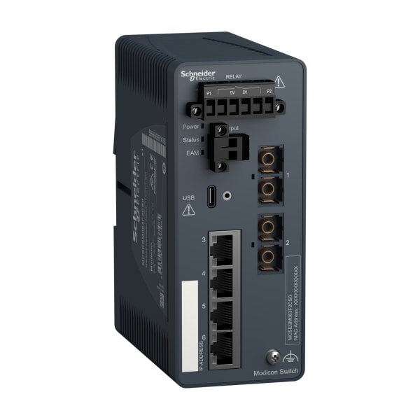 SCHNEIDER ELECTRIC - Modicon Managed Switch, 4 Ports für Kupfer (4TX 10/100 Mbit/s) + 2 für Glasfaser Singlemode (2FX-SM 100 Mbit/s)