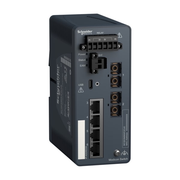 SCHNEIDER ELECTRIC - Modicon Managed Switch, 4 Ports für Kupfer (4TX 10/100 Mbit/s) + 2 für Glasfaser Multimode (2FX-MM 100 Mbit/s)
