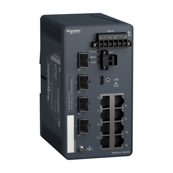 SCHNEIDER ELECTRIC - Modicon Managed Switch, 8 Ports für Kupfer (8TX 10/100 Mbit/s) + 4 Gigabit SFP-Ports (100/1000 Mbit/s)