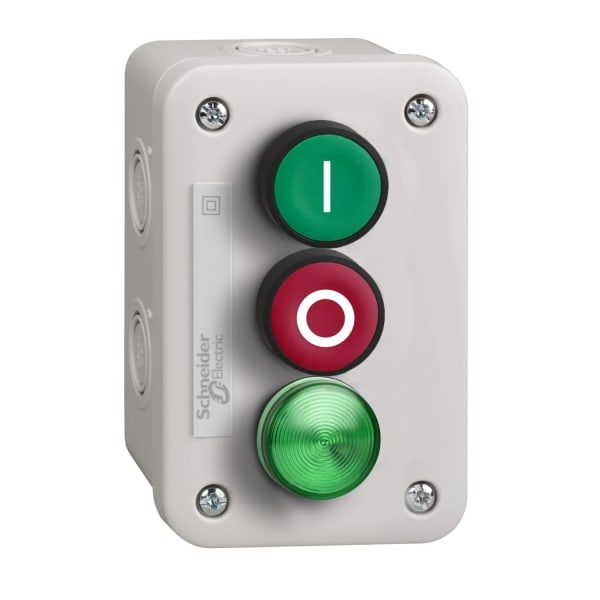 SCHNEIDER ELECTRIC - Aufbaugehäuse, Harmony XALE, Kunststoff, hellgrau, 2 Drucktaster, grün, rot, I-O, 1 Leuchtmelder, 230V AC, 22mm, 1S+1Ö