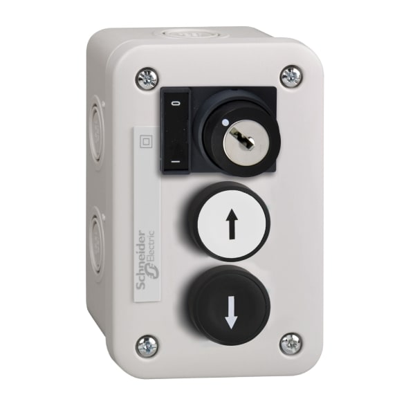 SCHNEIDER ELECTRIC - Aufbaugehäuse, Harmony XALE, Kunststoff, hellgrau, 2 Drucktaster, Pfeile Auf-Ab, 1 Schlüsselschalter, 22mm, 3S