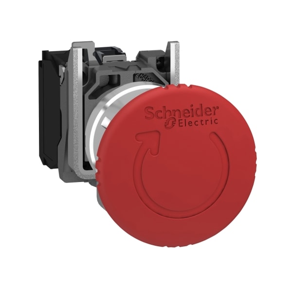 SCHNEIDER ELECTRIC - Not-Aus/Not-Halt-Schalter, Harmony XB4, Metall, 22mm, rot, Pilz 40mm, Drehentriegelung, 1Ö+1Ö mit Überwachungskontakt
