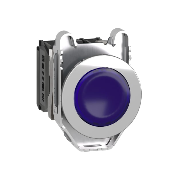 SCHNEIDER ELECTRIC - Leuchtdrucktaster, Harmony XB4F, Metall, 30mm, blau, unbeschriftet, universelle LED, glatte Kalotte, 1S+1Ö, 230-240V AC