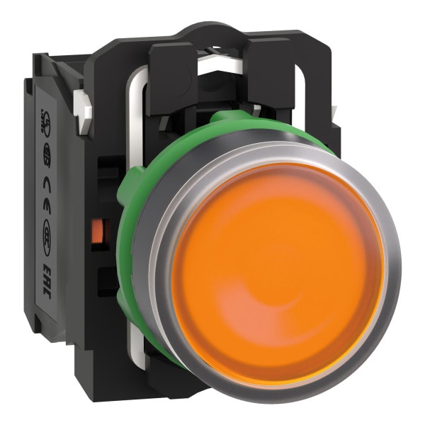SCHNEIDER ELECTRIC - Leuchtdrucktaster, Harmony XB5, Kunststoff, orange, 22mm, universelle LED, glatte Kalotte, 1S + 1Ö, 230-240V AC