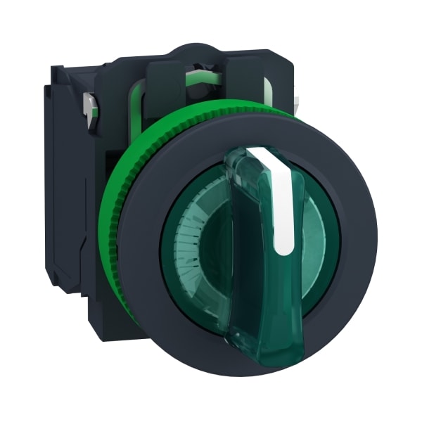 SCHNEIDER ELECTRIC - Leuchtwahlschalter, Harmony XB5F, Kunststoff, grün, 30mm, universelle LED, 3 Stellungen, 1S + 1Ö, 230-240V AC