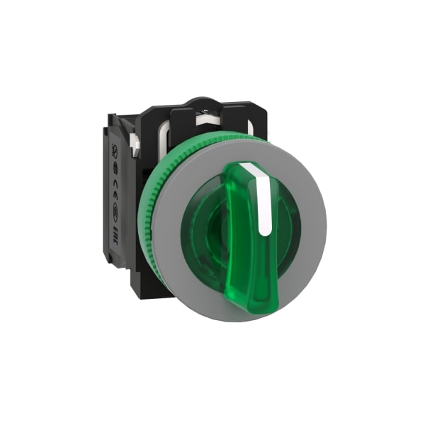 SCHNEIDER ELECTRIC - Leuchtwahlschalter, Harmony XB5F, Kunststoff, hellgrau, grün, 30mm, universelle LED, 3 Stellungen, 1S + 1Ö, 24V ACDC