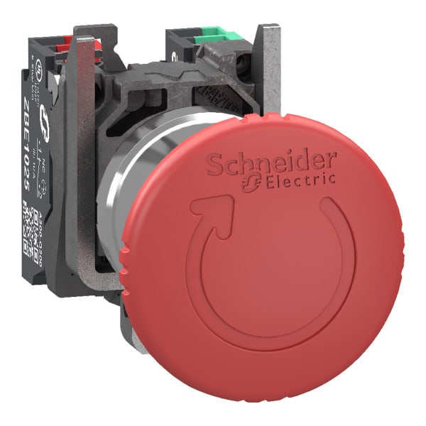 SCHNEIDER ELECTRIC - Not-Aus/Not-Halt-Schalter, Harmony XB4, Metall, 22mm, rot, Pilz 40mm, Drehentriegelung, 1S+1Ö, Push-In