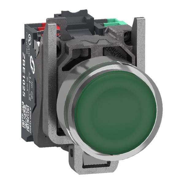 SCHNEIDER ELECTRIC - Leuchtdrucktaster, Harmony XB4, Metall, 22mm, grün, unbeschriftet, LED, glatte Kalotte, 1S+1Ö, 24V ACDC, Push-In