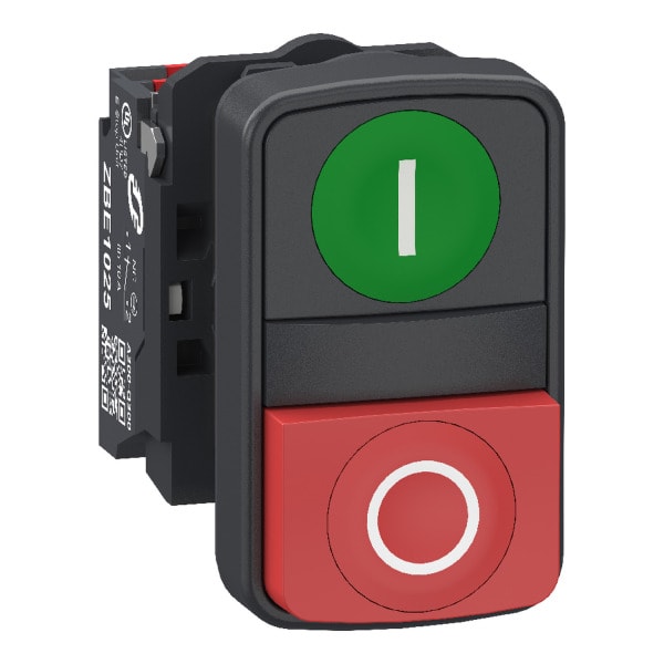 SCHNEIDER ELECTRIC - Doppeldrucktaster, Harmony XB5, Kunststoff, 22mm, grün, rot, beschriftet I/O, tastend, 1S+1Ö, Push-In