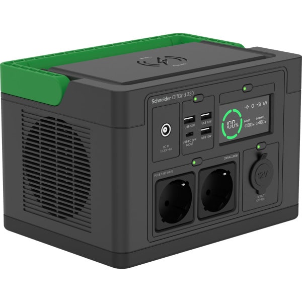 APC - Schneider tragbare OffGrid Powerstation 330, 230V, 332Wh Lithium-Ionen, LCD, 2 Schuko Ausgänge, Sinuswelle, 3 USB-A, 1 USB-C, kabelloses Lad