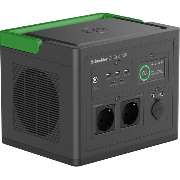 APC - Schneider tragbare OffGrid Powerstation 730, 700W, 738Wh Lithium-Ionen, LCD, 2 Schuko Ausgänge, Sinuswelle, 3 USB-A, 2 USB-C, kabelloses Lad
