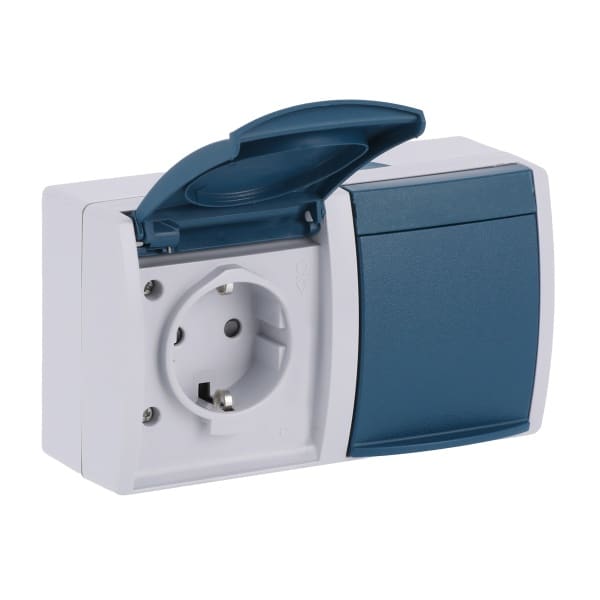 BUSCH-JAEGER - SCHUKO Doppelsteckdose Safety+ waagerecht mit Klappdeckel grau/blaugrün - ocean