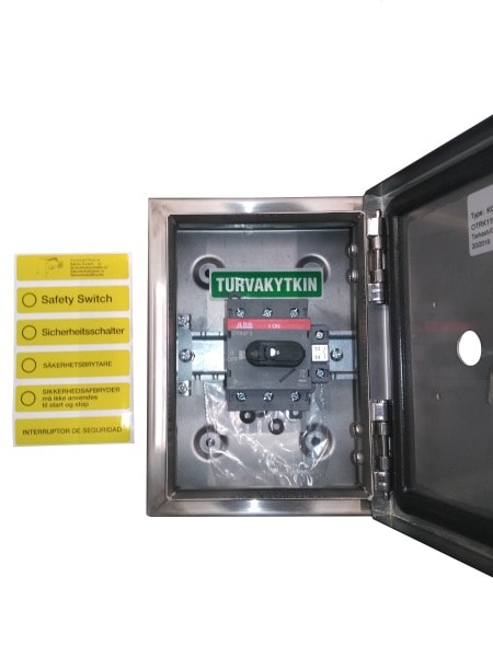 ABB - Sicherheitsschalter Edelstahlgeh. 3P 22kW 400V Griff rot-gelb IP65 unten