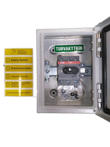ABB - EMV-Sicherheitsschalter Stahlblechgeh. 3P 22kW 400V Griff rot-gelb IP65 oben/unt