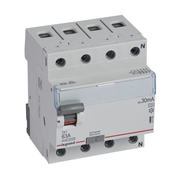 LEGRAND - TX3 Fehlerstromschutzschalter 63A, 4-polig, 30mA, Typ A, 400VAC, 4TE