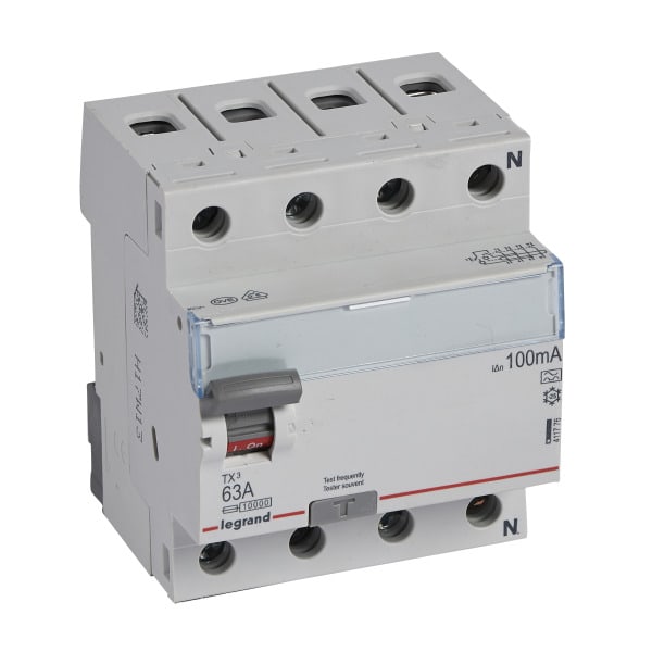 LEGRAND - TX3 Fehlerstromschutzschalter 63A, 4-polig, 100mA, Typ A, 400VAC, 4TE