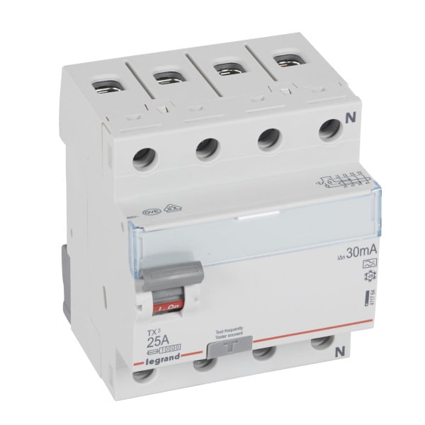 LEGRAND - TX3 Fehlerstromschutzschalter 25A, 4-polig, 30mA, Typ A, 400VAC, 4TE