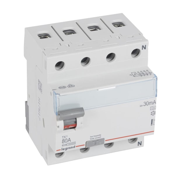 LEGRAND - TX3 Fehlerstromschutzschalter 80A, 4-polig, 30mA, Typ A, 400VAC, 4TE