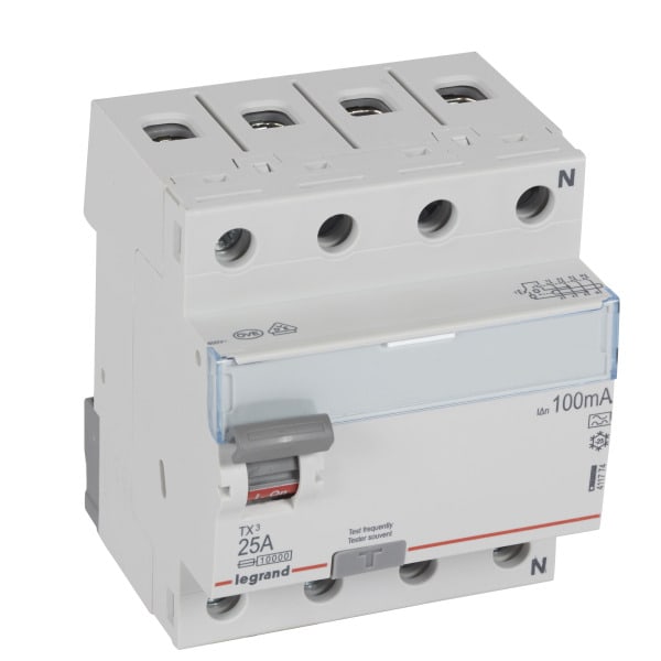 LEGRAND - TX3 Fehlerstromschutzschalter 25A, 4-polig, 100mA, Typ A, 400VAC, 4TE
