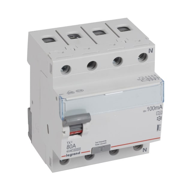 LEGRAND - TX3 Fehlerstromschutzschalter 80A, 4-polig, 100mA, Typ A, 400VAC, 4TE