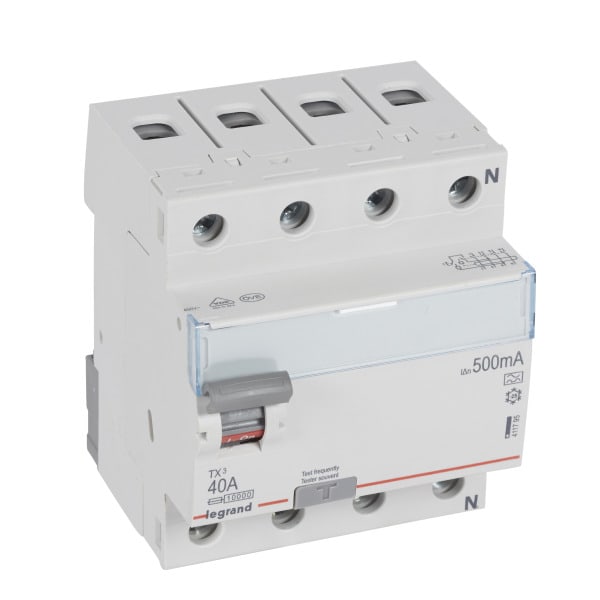 LEGRAND - TX3 Fehlerstromschutzschalter 40A, 4-polig, 500mA, Typ A, 400VAC, 4TE