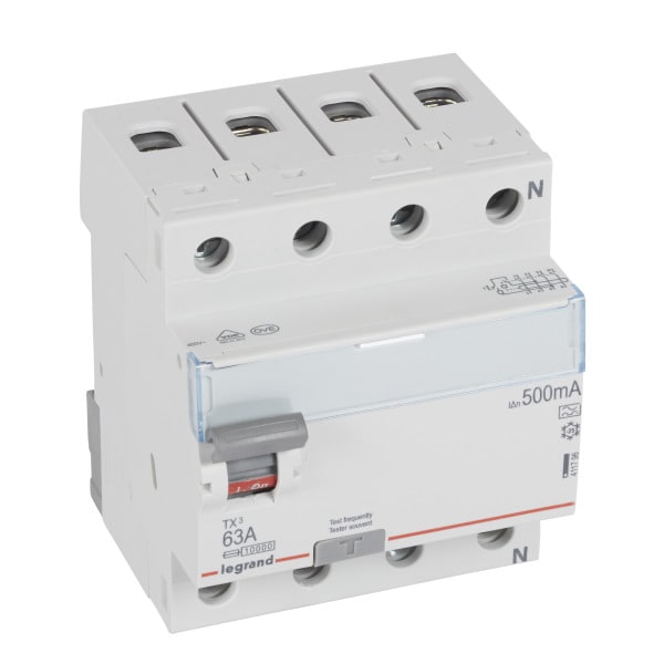 LEGRAND - TX3 Fehlerstromschutzschalter 63A, 4-polig, 500mA, Typ A, 400VAC, 4TE