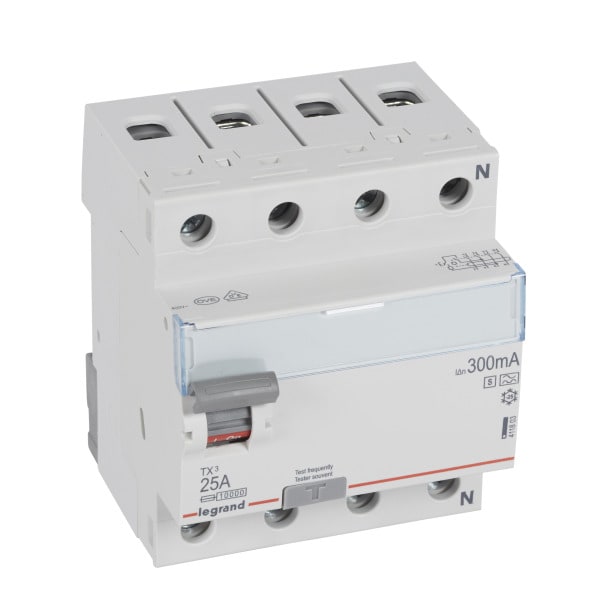 LEGRAND - TX3 Fehlerstromschutzschalter 25A, 4-polig, 300mA, Typ A-S, 400VAC, 4TE