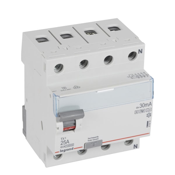 LEGRAND - TX3 Fehlerstromschutzschalter 25A, 4-polig, 30mA, Typ F-G, 400VAC, 4TE