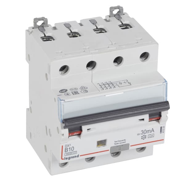 LEGRAND - DX3 FI/LS-Schalter B-Charakteristik, 10A, 4-polig, 6kA, 30mA, Typ A, 400VAC, 4TE