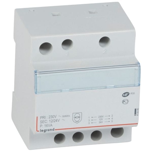 LEGRAND - Sicherheitstransformator, Prim. 230V/50 Hz, Sek.12V AC oder 24V AC, 16VA, 4TE
