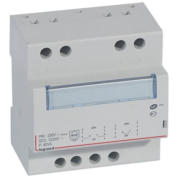LEGRAND - Sicherheitstransformator, Prim. 230 V/50 Hz, Sek.12V AC oder 24V AC, 40VA, 5TE