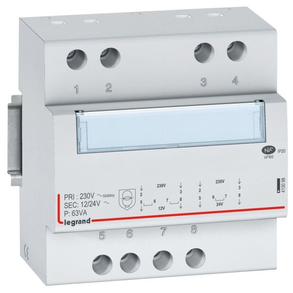 LEGRAND - Sicherheitstransformator, Prim. 230 V/50 Hz, Sek.12V AC oder 24V AC, 63VA, 5TE