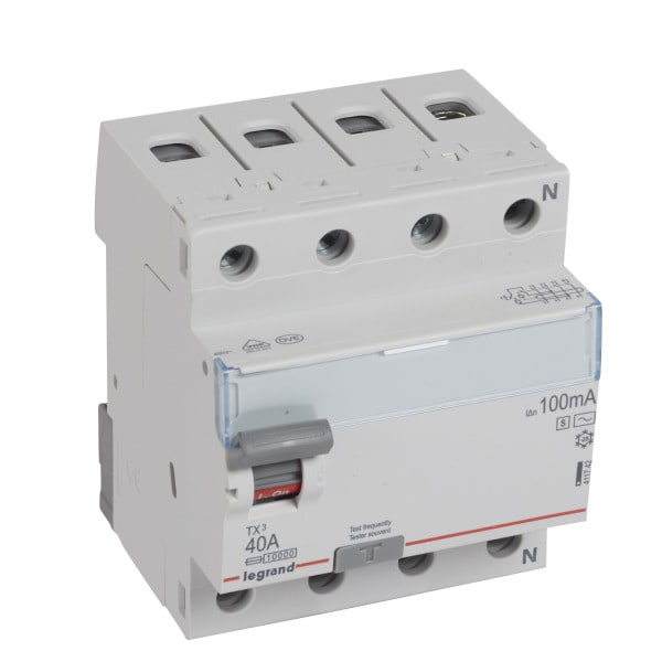 LEGRAND - TX3 Fehlerstromschutzschalter 40A, 4-polig, 100mA, Typ A-S, 400VAC, 4TE