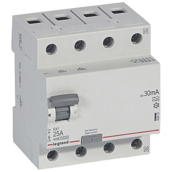 LEGRAND - RX3 Fehlerstromschutzschalter 25A, 4-polig, 30mA, Typ A, 400VAC, 4TE