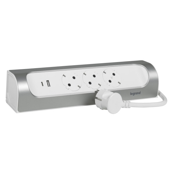 LEGRAND - Ecksteckdosenleiste 3x Steckdose, USB A+C, 1m Kabel Farbe: Ultraweiß/Aluminium
