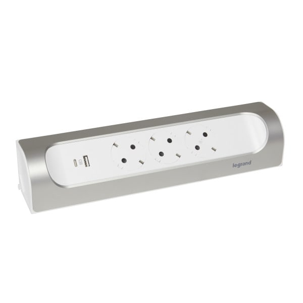 LEGRAND - Ecksteckdosenleiste 3x Steckdose, USB A+C, ohne Kabel Farbe: Ultraweiß/Aluminium