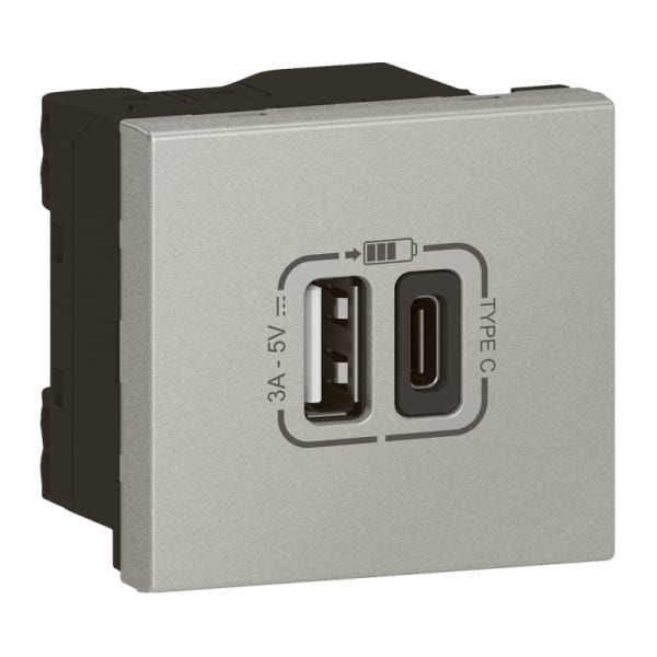 LEGRAND - Mosaic USB Typ-A+C LINK Ladesteckdose 2-modulig, Ladestrom 3 A Farbe: Aluminium