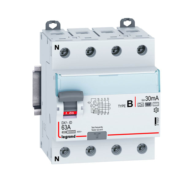 LEGRAND - DX3 Fehlerstromschutzschalter 63A, 4-polig, 30mA, Typ B, 400VAC, N-links, 4TE