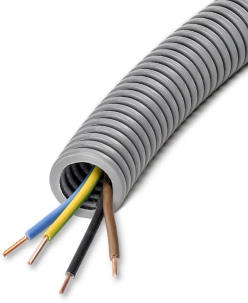 DIETZEL - PVC-Panzerflexrohr,Ø20mm,biegs.,Turborillen,vorverdr.,YE 4x1,5mm² sw,gr,br,ge/gn