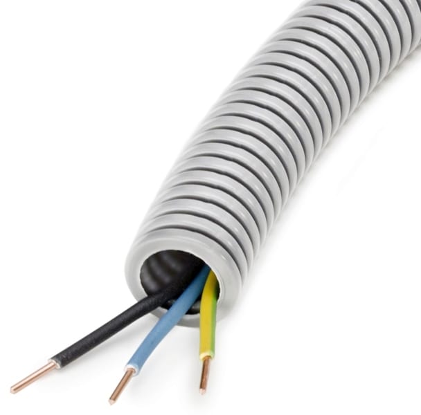 DIETZEL - PVC-Isolierflexrohr,Ø16mm, biegsam,leicht,hellgr.,vorverdr, 50m+YE3x1,5 sw,bl,gg