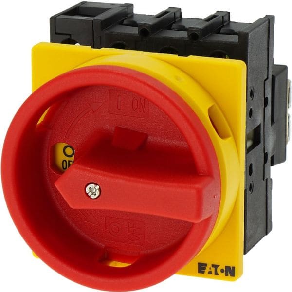EATON - Hauptschalter, P1, 32 A, Einbau, 3-polig + N, NOT-AUS-Funktion, mit rotem Drehgriff und gelbem Sperrkranz, abschließbar in 0-Stellung