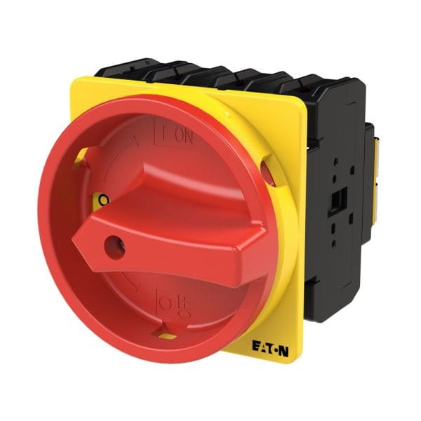 EATON - Hauptschalter, P3, 63 A, Einbau, 3-polig + N, NOT-AUS-Funktion, mit rotem Drehgriff und gelbem Sperrkranz, abschließbar in 0-Stellung
