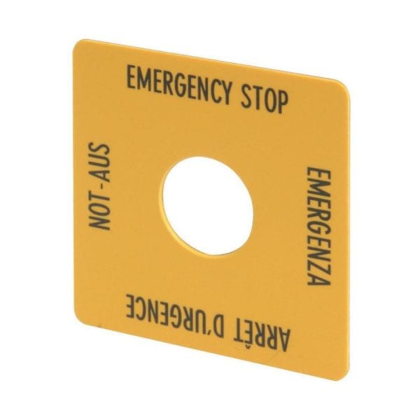 EATON - Schild, NOT-AUS, gelb, H x B = 50 x 50 mm, 4-sprachig, DE, EN, FR, IT
