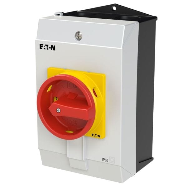 EATON - Hauptschalter, P1, 32 A, Aufbau, 3-polig, 1 Schließer, 1 Öffner, NOT-AUS-Funktion, mit rotem Drehgriff und gelbem Sperrkranz, abschließbar i
