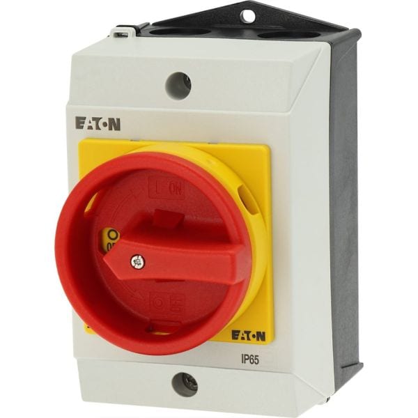 EATON - Hauptschalter, T0, 20 A, Aufbau, 1 Baueinheit(en), 1-polig, NOT-AUS-Funktion, mit rotem Drehgriff und gelbem Sperrkranz, abschließbar in 0-S