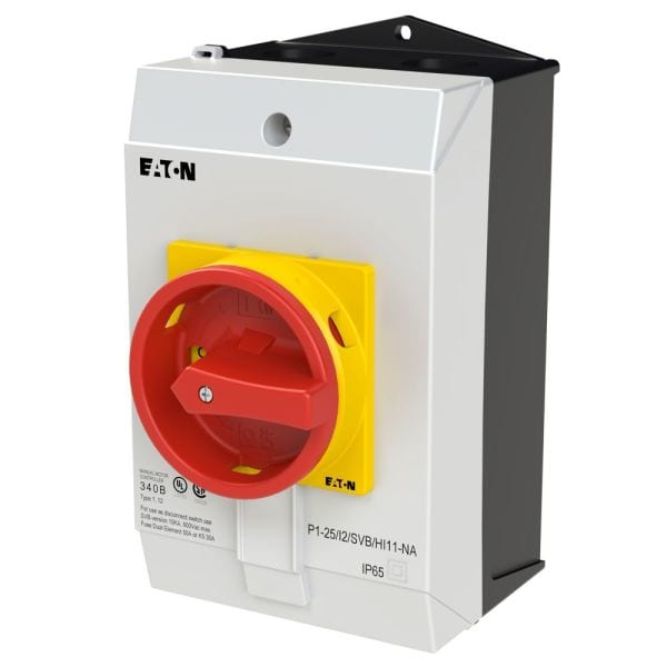 EATON - Hauptschalter, P1, 25 A, Aufbau, 3-polig, 1 Schließer, 1 Öffner, NOT-AUS-Funktion, mit rotem Drehgriff und gelbem Sperrkranz, UL/CSA
