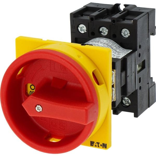 EATON - Hauptschalter, P1, 25 A, Zwischenbau, 3-polig, NOT-AUS-Funktion, mit rotem Drehgriff und gelbem Sperrkranz, abschließbar in 0-Stellung