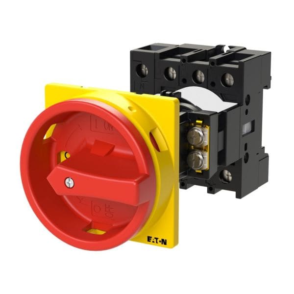 EATON - Hauptschalter, P1, 32 A, Zwischenbau, 3-polig + N, NOT-AUS-Funktion, mit rotem Drehgriff und gelbem Sperrkranz, abschließbar in 0-Stellung